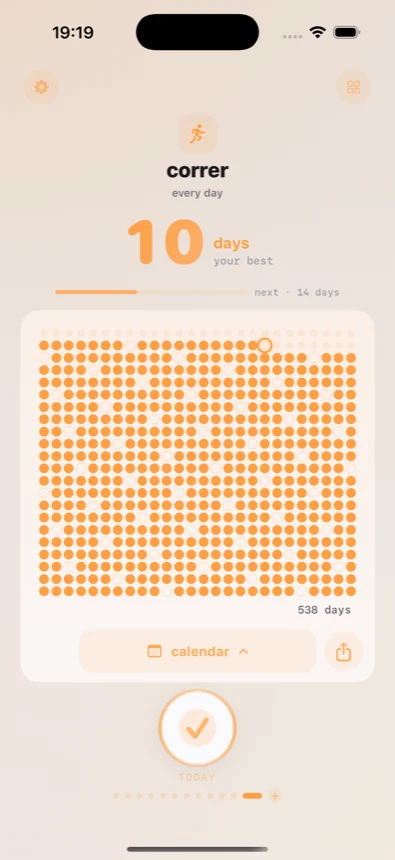 The app showing a running habit: a ten day streak above a wall of orange dots, one for every day done